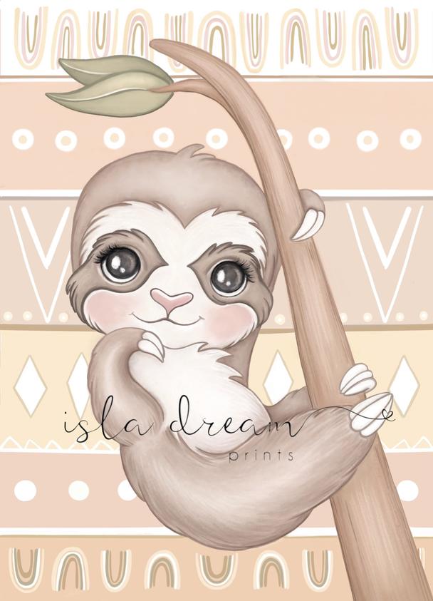 Isla Dream Prints Scout The Sloth Print with boho background