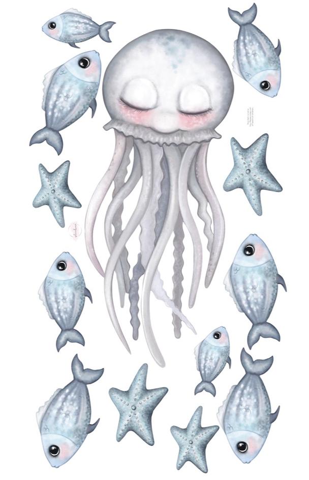 Isla Dream Prints Sea Creatures Fabric Wall Decals - Medium Jellyfish with fish and starfish