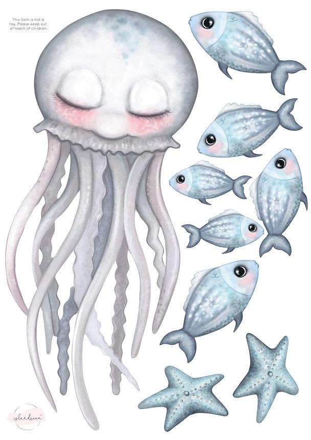Isla Dream Prints Sea Creatures Fabric Wall Decals - Medium Jellyfish with fish and starfish