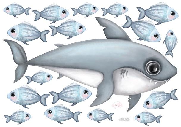 Isla Dream Prints Sea Creatures Fabric Wall Decals - Large Shark with fish