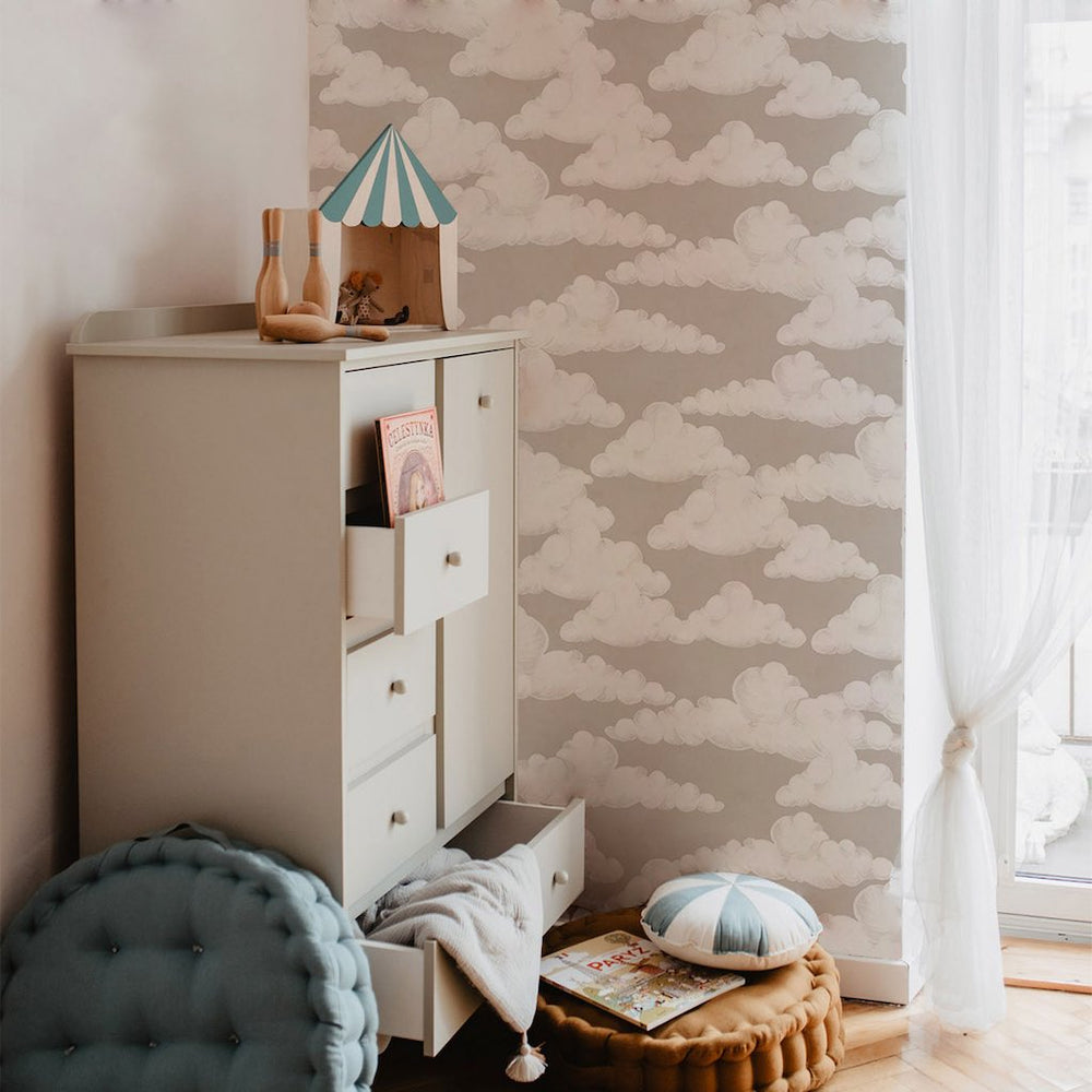 Dekornik CLASSIC Velveteen Clouds Beige Wallpaper on nursery accent wall