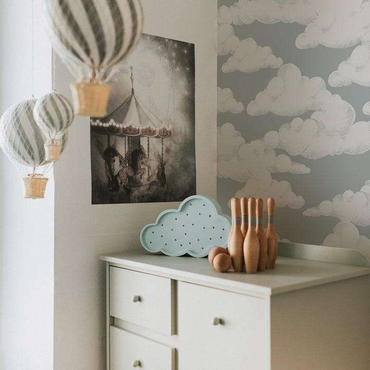 Dekornik CLASSIC Velveteen Clouds Grey Blue Wallpaper on bedroom wall