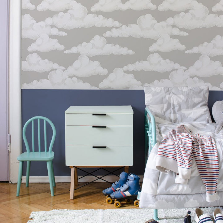Dekornik CLASSIC Velveteen Clouds Grey Wallpaper on bedroom wall