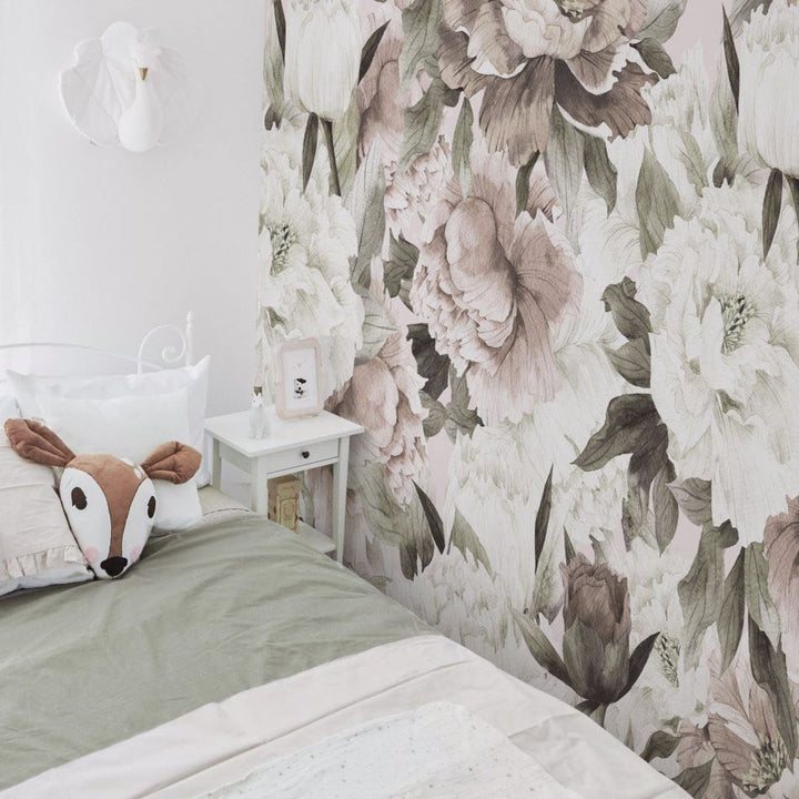 Dekornik White & Pink Peonies Max Wallpaper on bedroom wall